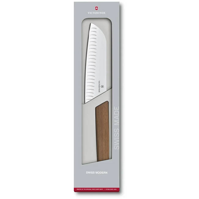 Swiss Modern Fluted Santoku Knife With Walnut Wood Handle, 17cm