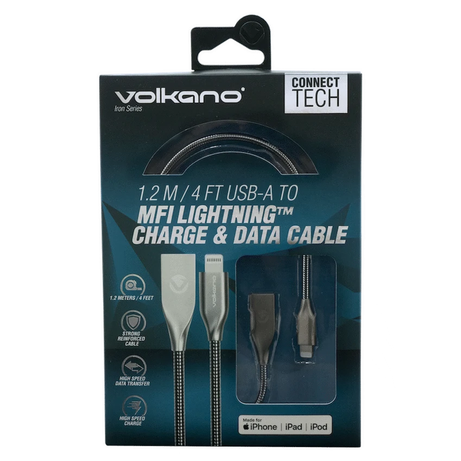 Volkano Iron Series Round Metallic Spring MFI Lightning Cable 1.2m - Silver
