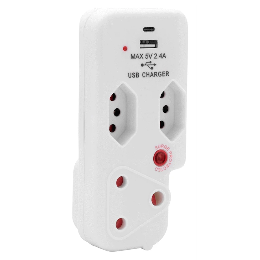 Ellies 3 Way Medium Surge Adaptor with Type C + USB - White