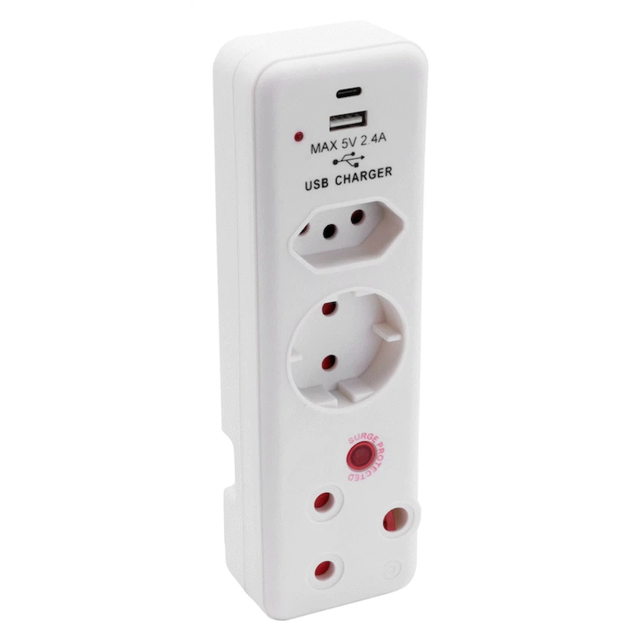 Ellies 3 Way Medium Surge adaptor Schuko,with type C + USB