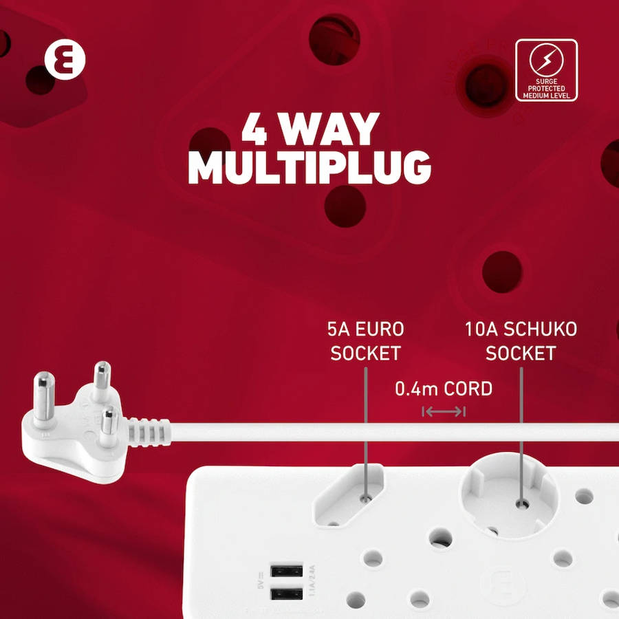 Ellies 4-Way Multiplug - 2 x USB 2.4a - 0.4m