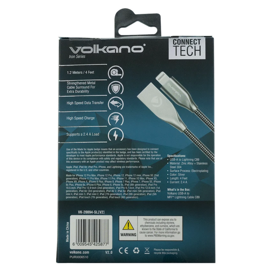 Volkano Iron Series Round Metallic Spring MFI Lightning Cable 1.2m - Silver