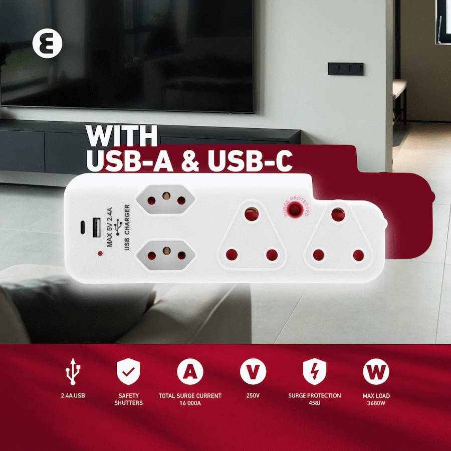 Ellies 4 Way Medium Surge adaptor with type C + USB