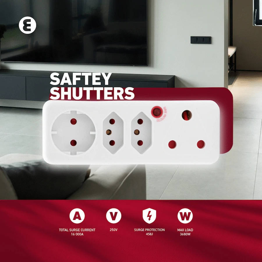 Ellies 4-Way Medium Surge Adaptor with Schuko - White