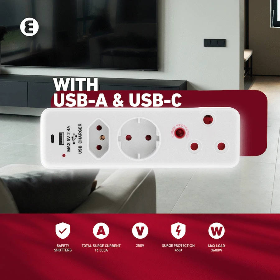 Ellies 3 Way Medium Surge adaptor Schuko,with type C + USB