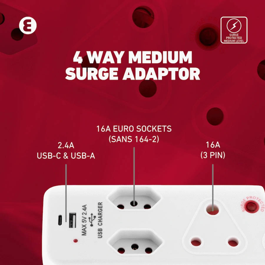 Ellies 4 Way Medium Surge adaptor with type C + USB