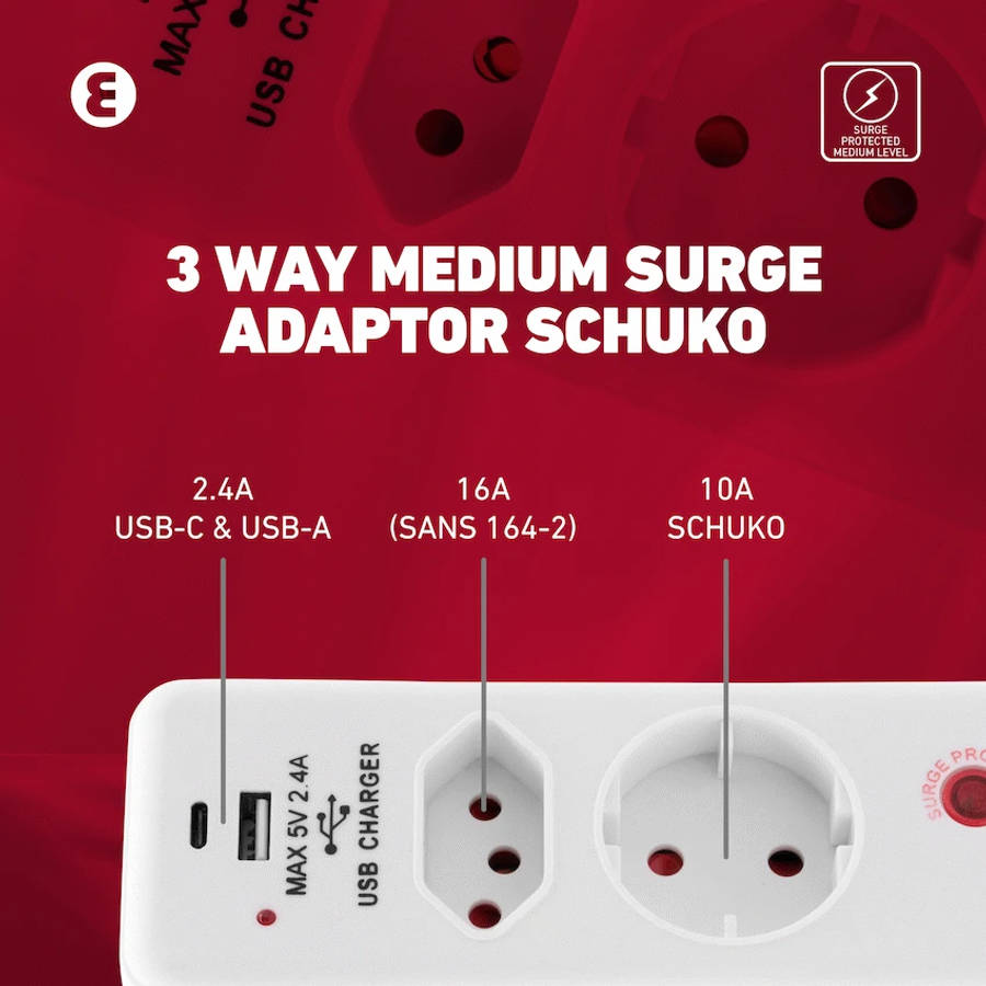 Ellies 3 Way Medium Surge adaptor Schuko,with type C + USB