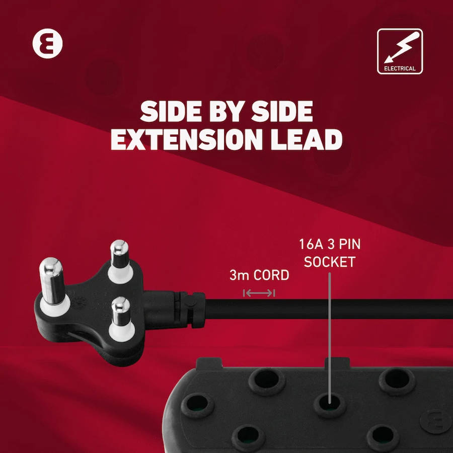 Ellies Side-by-Side Light-Duty Extension Lead - 3m - Black