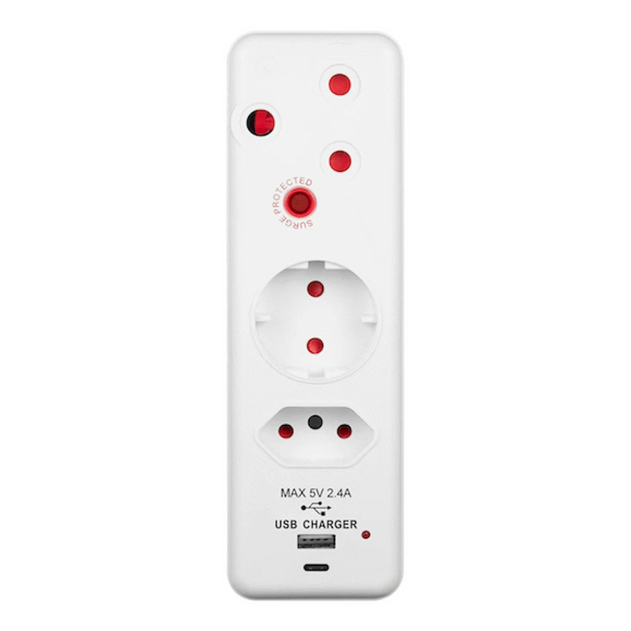 Ellies 3 Way Medium Surge adaptor Schuko,with type C + USB