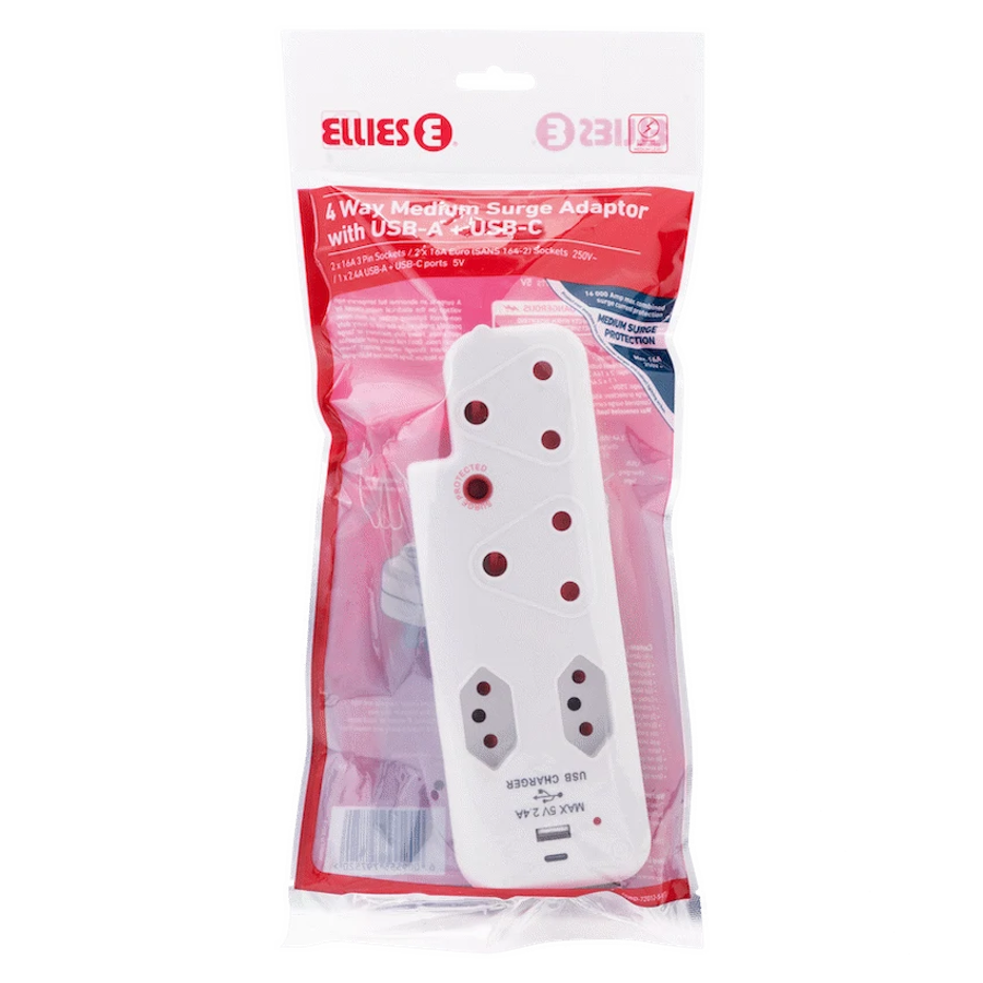 Ellies 4 Way Medium Surge adaptor with type C + USB