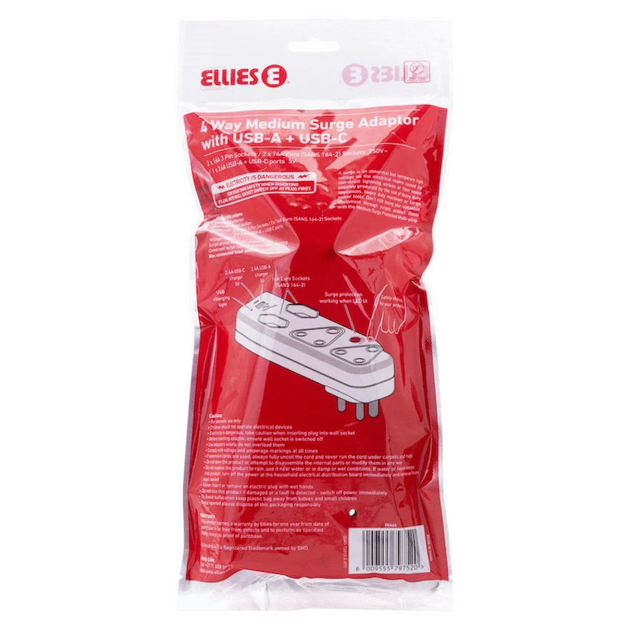 Ellies 4 Way Medium Surge adaptor with type C + USB