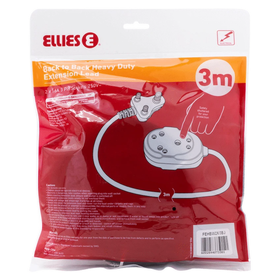 Ellies Back to Back Heavy Duty Extension Lead - 3m