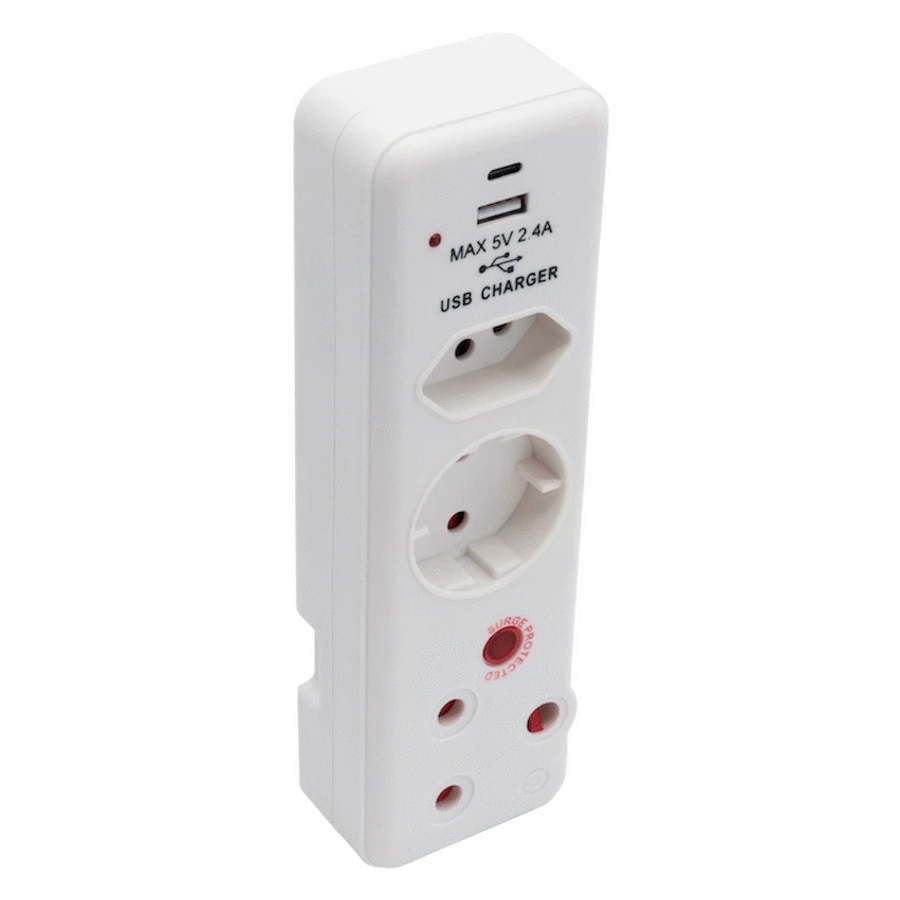 Switched 3-Way Medium Surge Adaptor - Schuko with Type-C + USB
