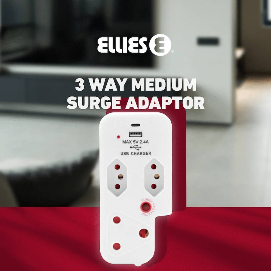 Ellies 3 Way Medium Surge Adaptor with Type C + USB - White