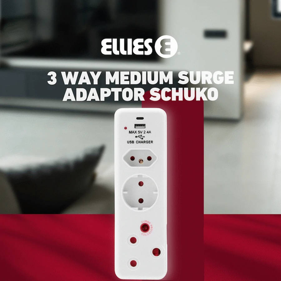 Ellies 3 Way Medium Surge adaptor Schuko,with type C + USB