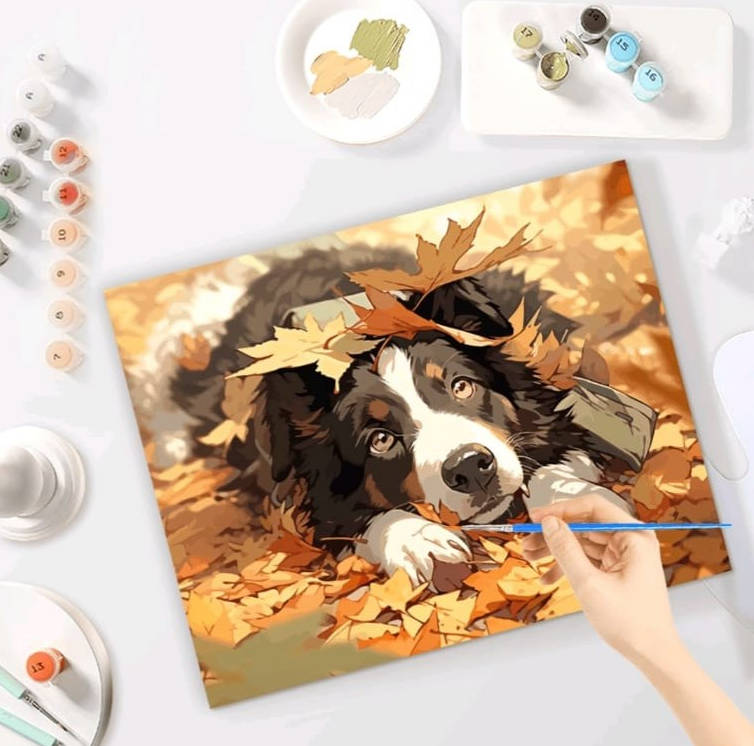 Paint by Numbers: Dog Covered in Leaves