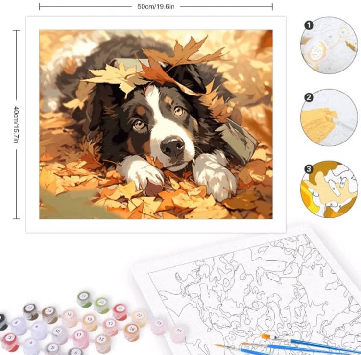 Paint by Numbers: Dog Covered in Leaves