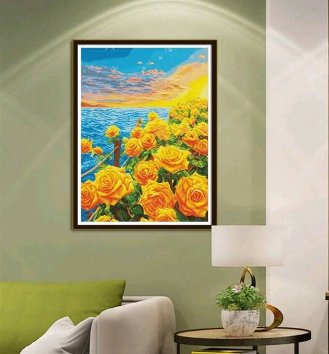 Cross-Stitching: Yellow Roses by the Seaside