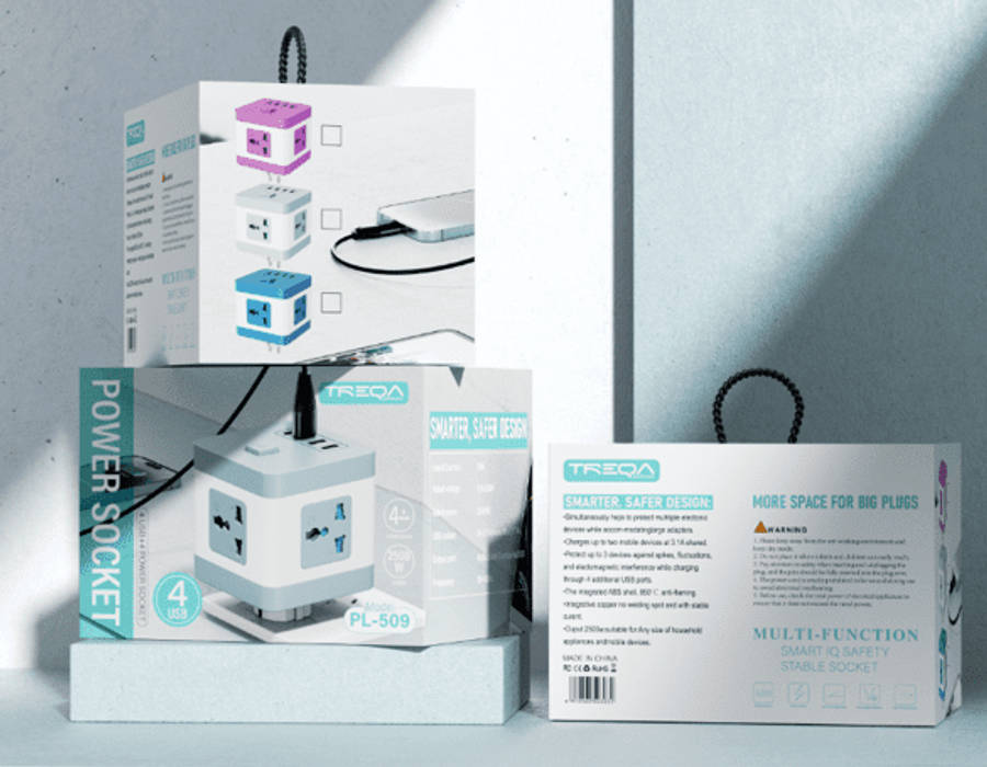 PL-509-2M Treqa Square X 4 Power Socket with 4 USBs 2500W & On/Off Switch