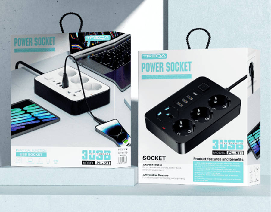 PL-511-2M 5-Way Power Socket with 3 USB Ports & PD Fast Charging
