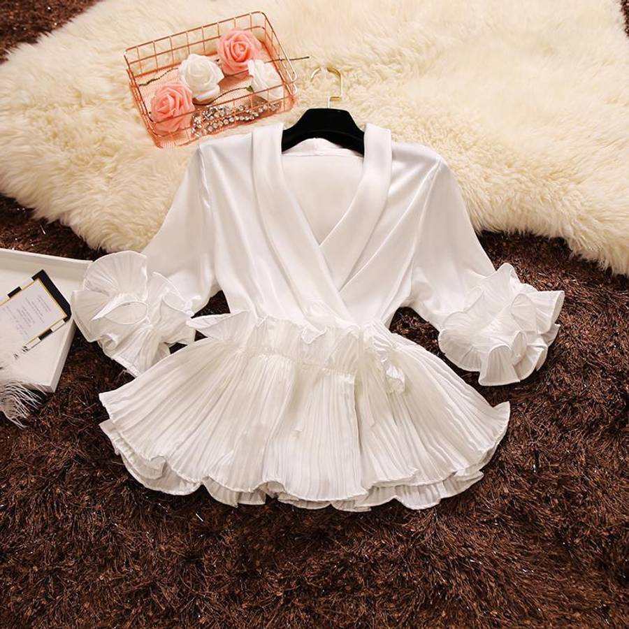 Pleated ruffled lace chiffon shirt women