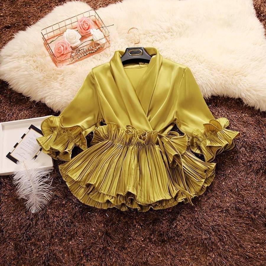 Pleated ruffled lace chiffon shirt women