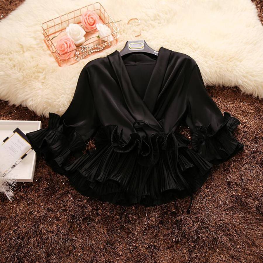 Pleated ruffled lace chiffon shirt women
