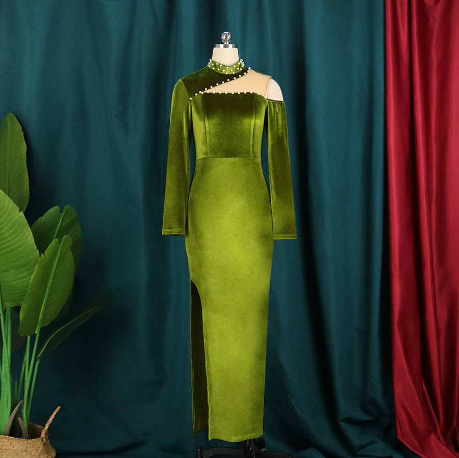 Beaded high waist slit banquet dress