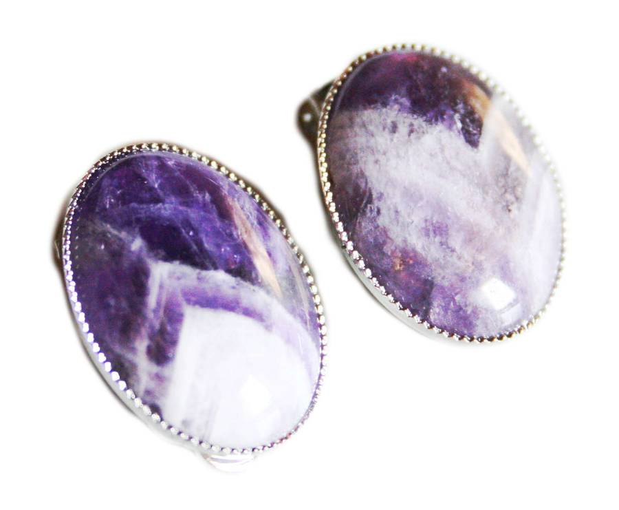 Oval Amethyst earrings, clip-on, 20mm - Silver Hills 0.01kg
