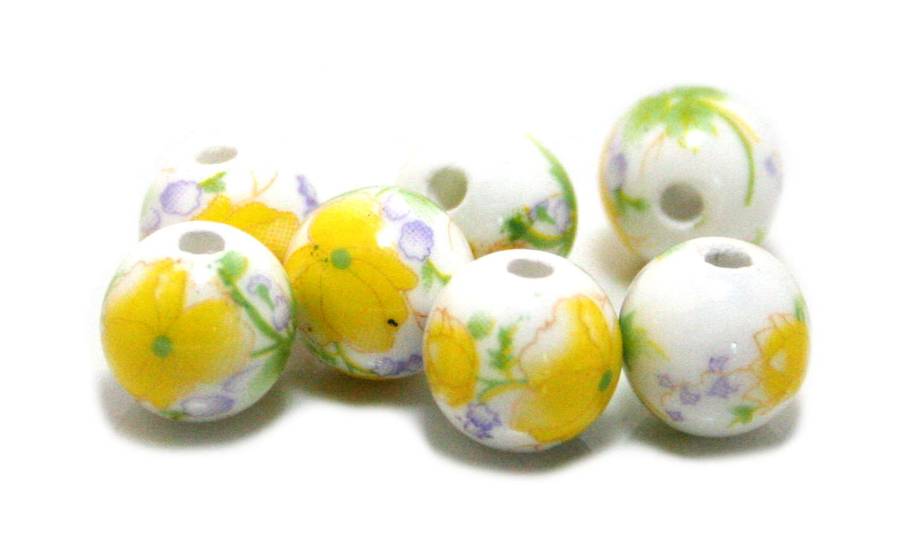 White glass bead w flowers, yellow, 10mm - Silver Hills 0.01kg