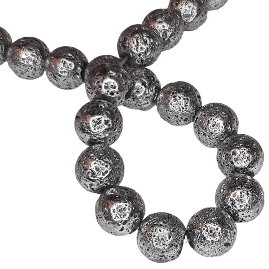 Metallic Silver Lava bead string, round, 10mm, 40cm