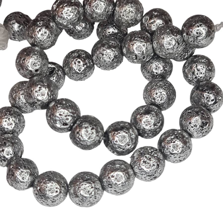 Metallic Silver Lava bead string, round, 10mm, 40cm