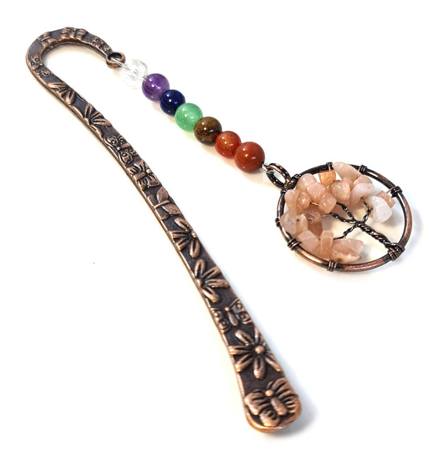 Bronze chakra bookmark w Tree of Life, Sunstone, 12.5cm