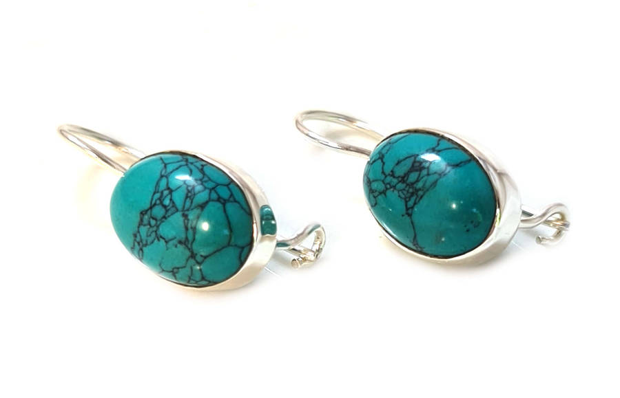 Turquoise cabochon earrings in 925 silver, oval, 27mm