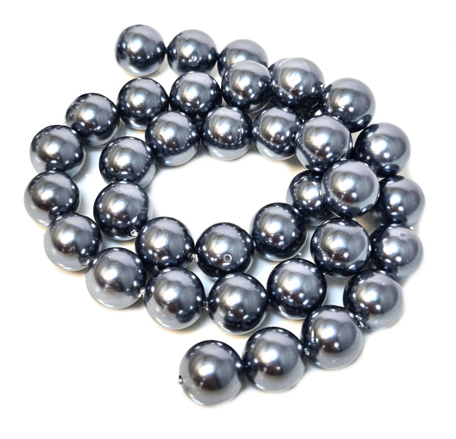 Shell pearl string, round - charcoal, 10mm, 40cm