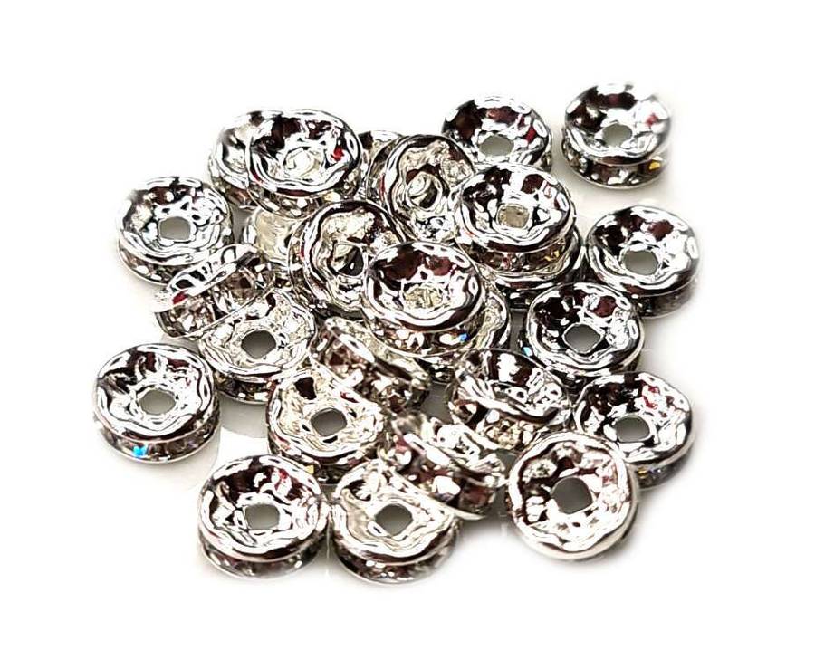 10 x Round rondelle w clear rhinestones, 8mm