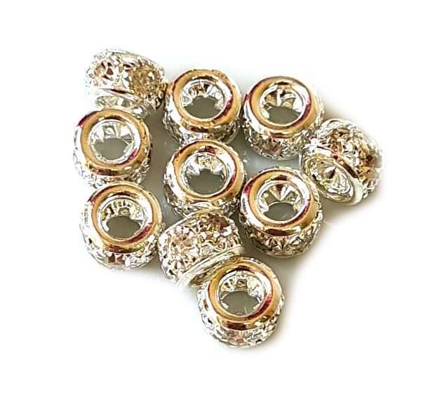 5x Round rondelle w rhinestones, bright silver, 8mm
