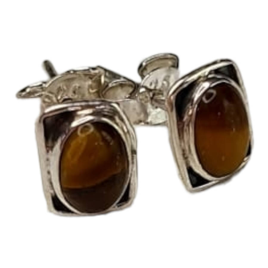 Cabochon stud earrings in 925 silver, Tiger Eye, 6x8mm