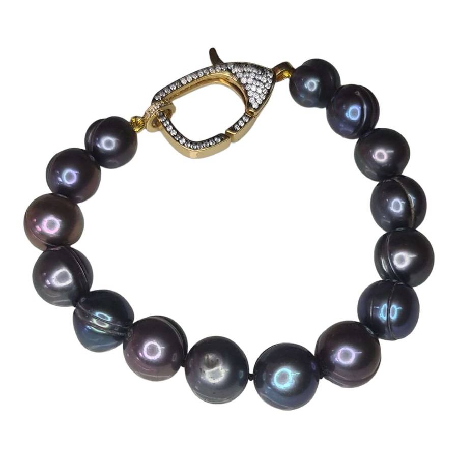 Freshwater pearl bracelet, black, gold base