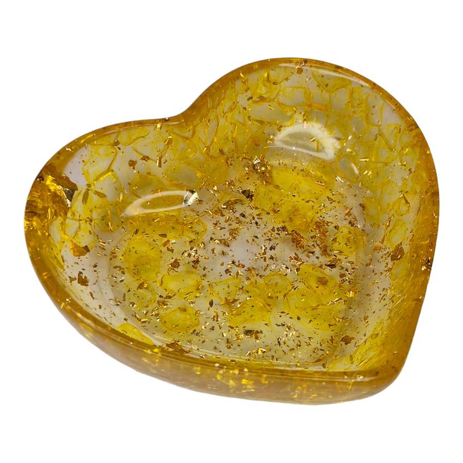 Resin heart bowl, citrine w gold flakes, 8x7x2.5cm