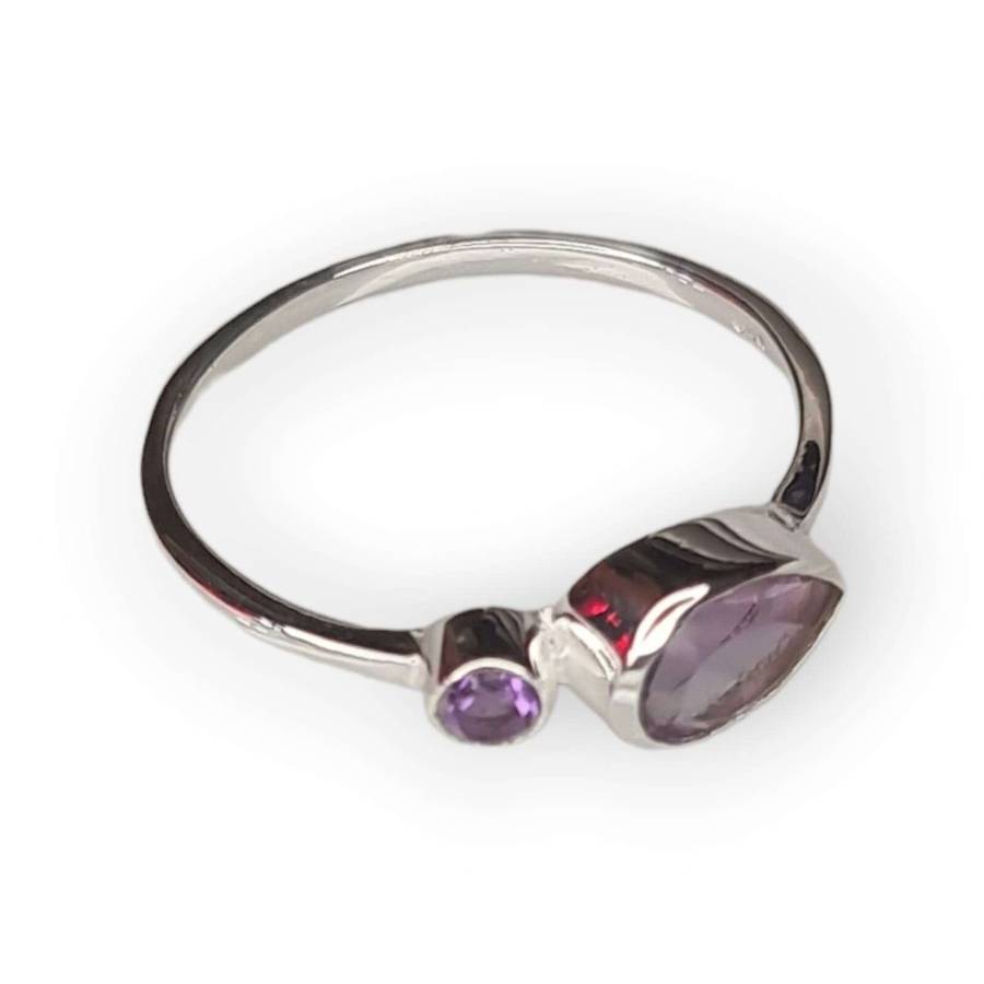 Amethyst ring in 925 silver, pear, round, size 7