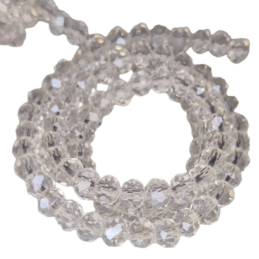 Glass bead string, faceted, rondelle, 6x8mm, clear AB, 40cm