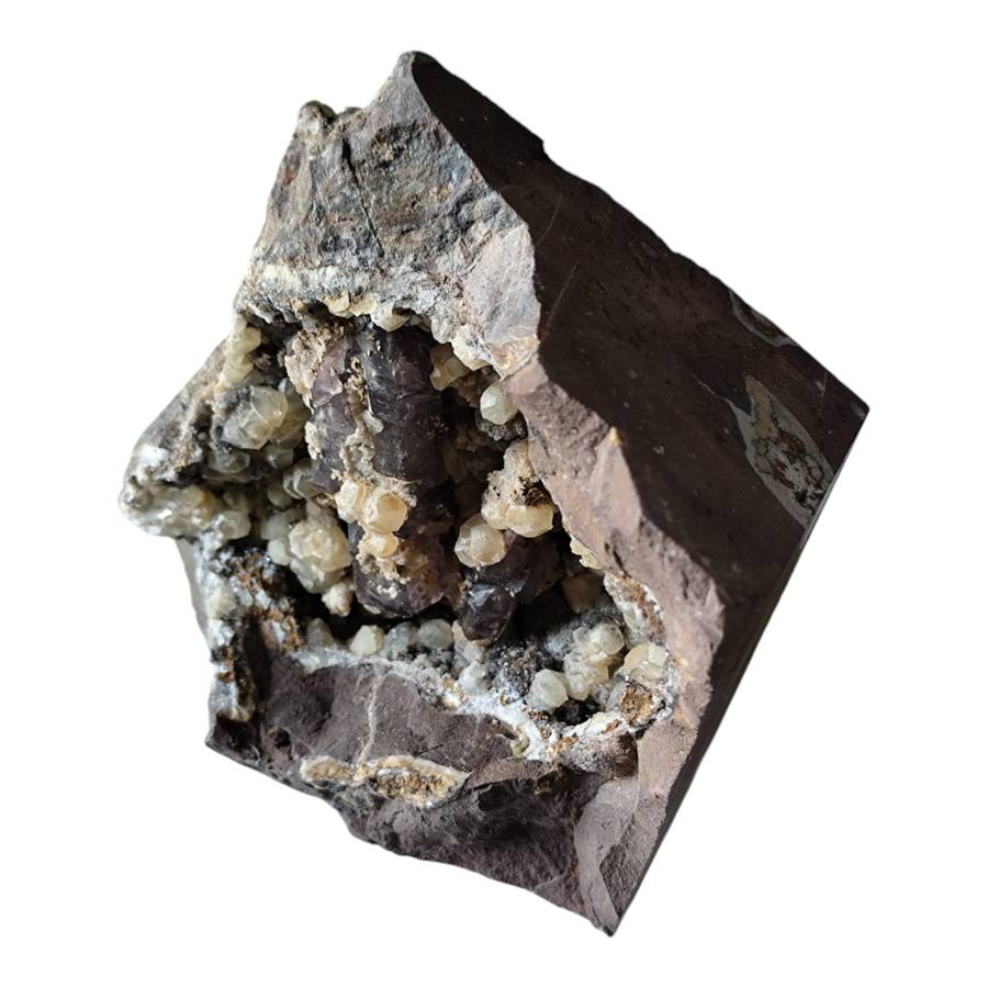 Amethyst with Calcite in a vug within Basalt matrix, Namibia,13.3 x 14 x 4.8cm