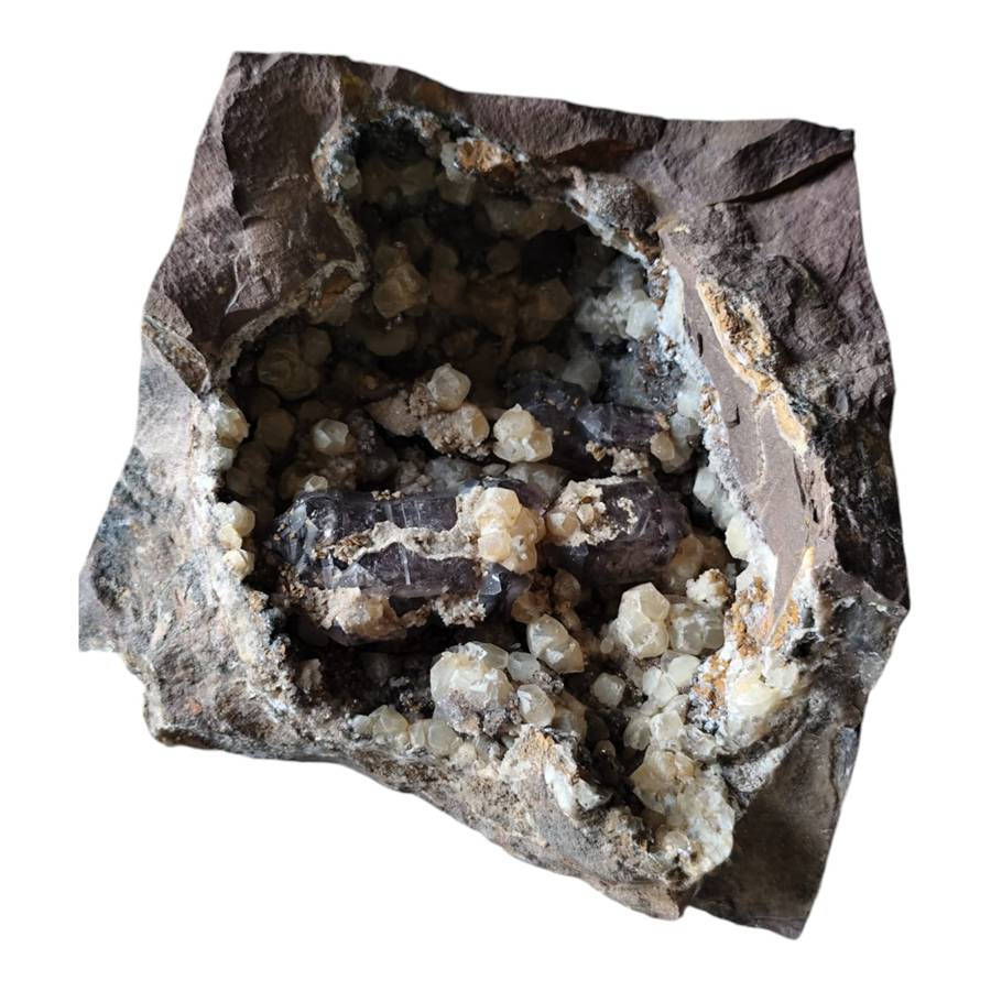 Amethyst with Calcite in a vug within Basalt matrix, Namibia,13.3 x 14 x 4.8cm