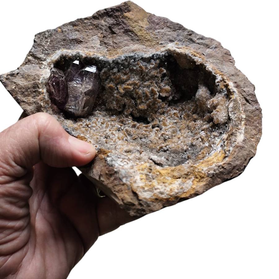 Amethyst with Calcite in a vug within Basalt matrix, Namibia, 8.5 x 14.6 x 11.5cm