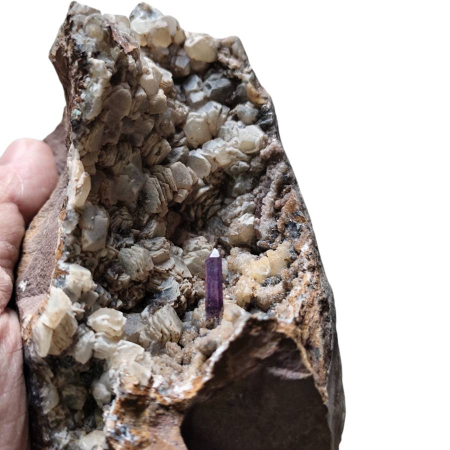 Amethyst with Calcite in a vug within Basalt matrix, Namibia, 8 x 13.5 x 7.2cm