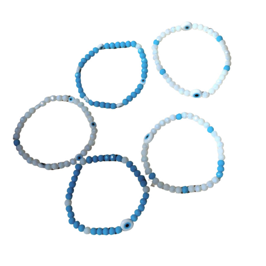 Blue & white glass beads with Evil eye bead bracelet, stretch cord
