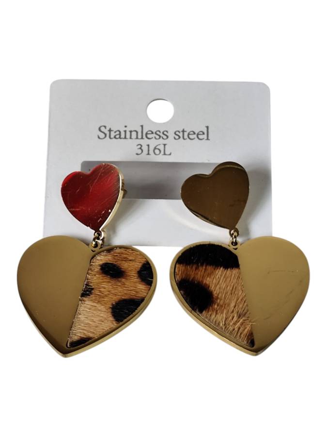 Half leopard print fur gold color heart stud earrings, Stainless steel, 4.4cm hanging