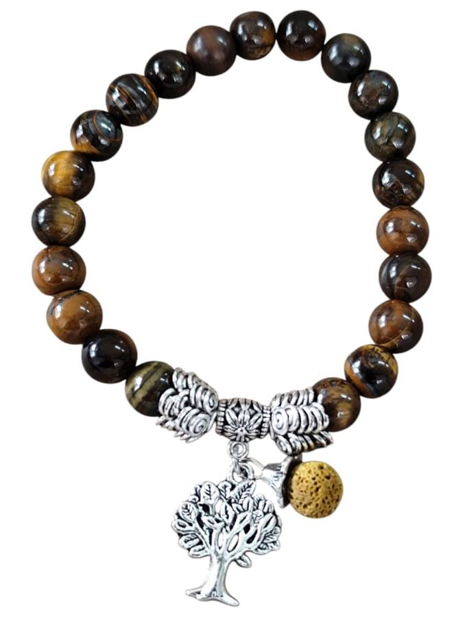 Tiger eye bracelet with tree charm and yellow singular lava stone bead, stretch cord, 8mm beads