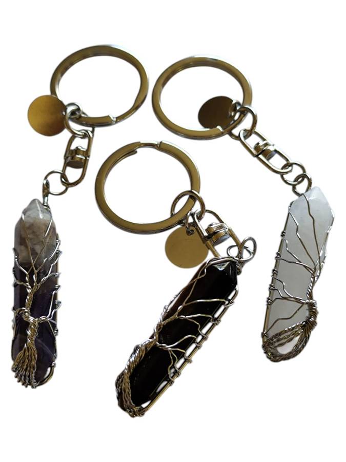 Assorted stone double terminated point tree wire wrapped keychain, 111mm